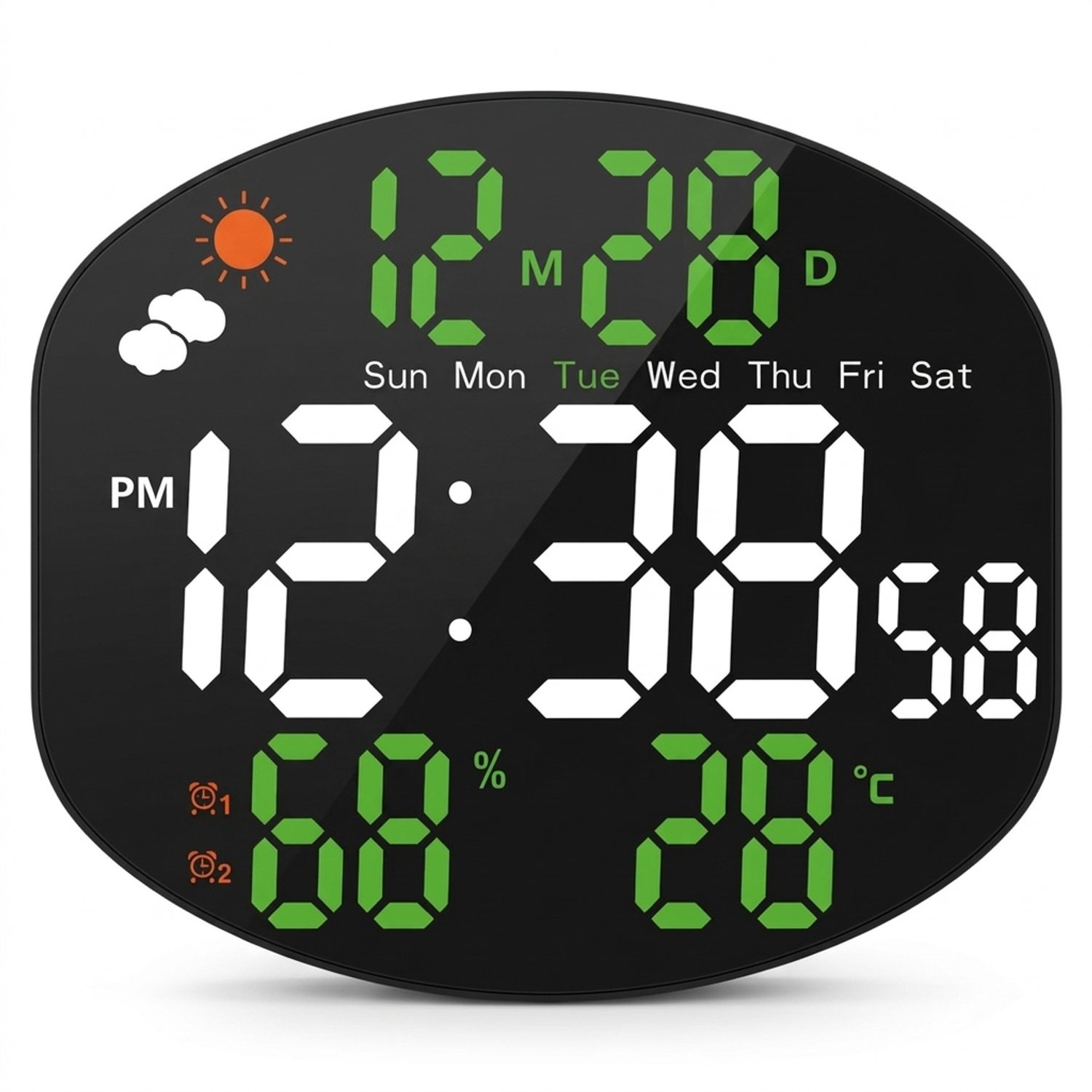 wekker voor wandmontage met LED-display, kalender, temperatuur en luchtvochtigheid - wit/groen