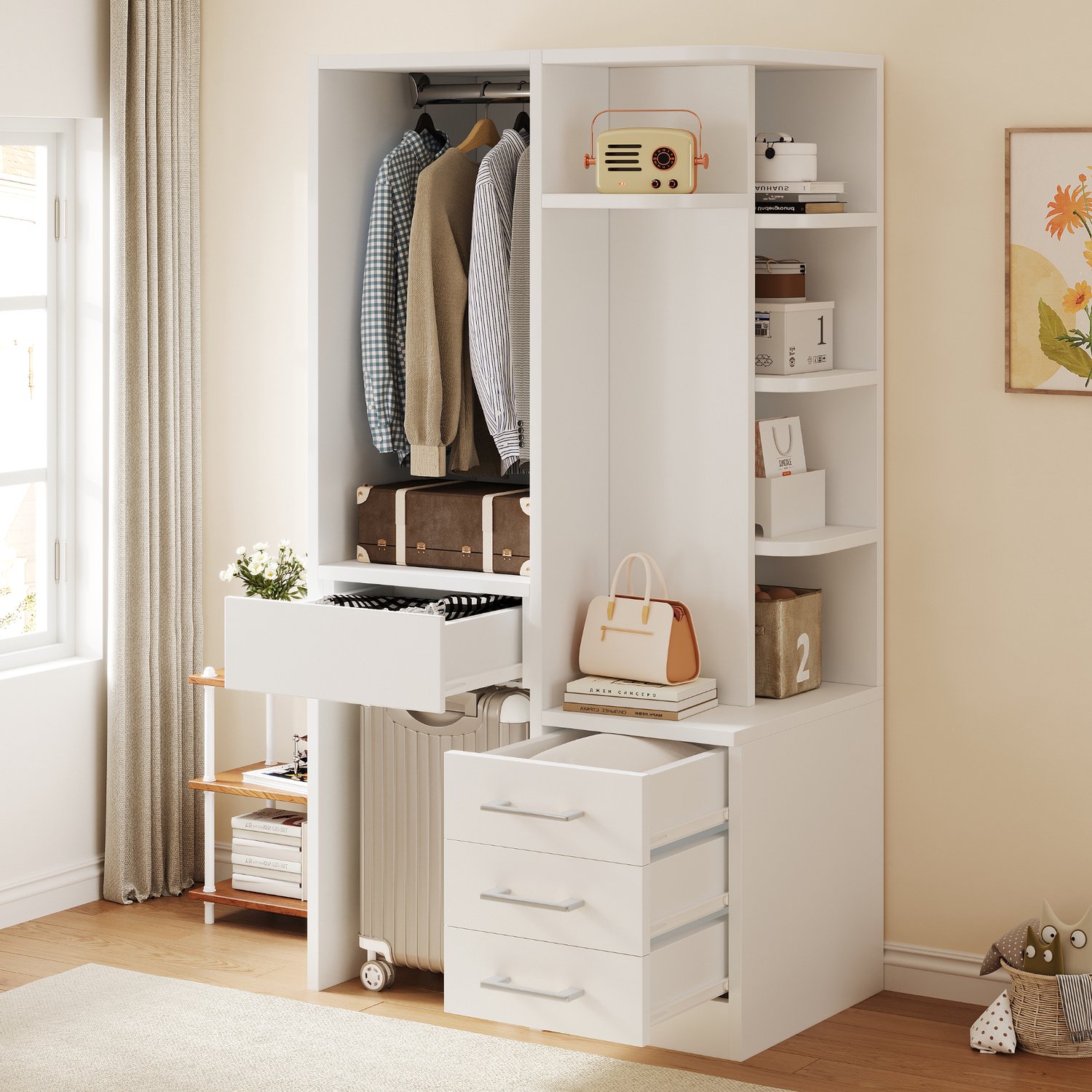 MODENUIT Kledingkast - Hanggedeelte en Drie Laden - Voor Slaapkamer - Hout en MDF - Wit - 70x45x135 Cm Wit / houtkleur