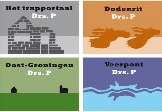 Vier vierkante illustraties van Drs. P werken: Het trapportaal, Dodenrit, Oost-Groningen en Veerpont.