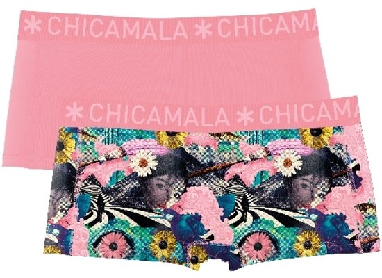 Set van twee Chicamala boxershorts: één effen roze en één met kleurrijke bloemen- en abstracte print.