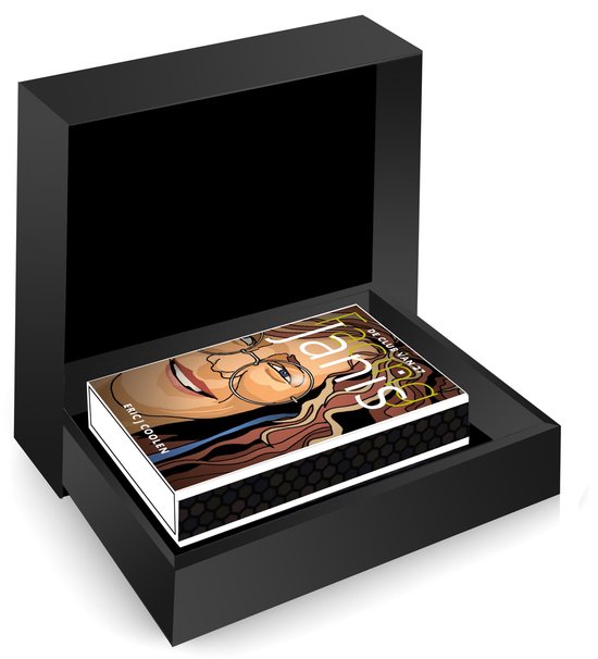 Het 'Facing Janis' boekje in een open, luxe zwarte geschenkdoos van MatchBoox.