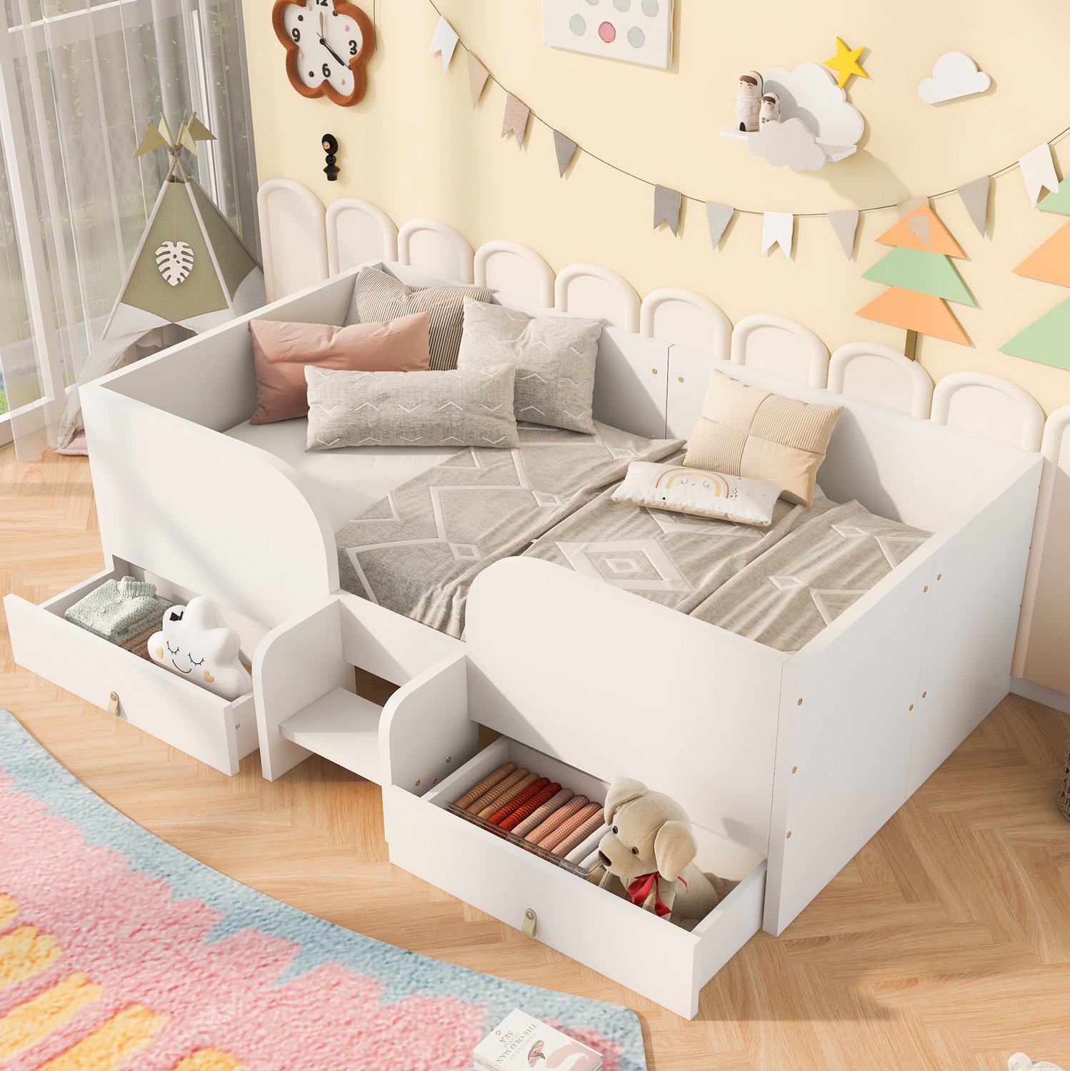 Wishdor Kinderbed 90x200 cm - Twee grote opberglades en hoge zijhekken - Kleine veiligheidstrap en lattenbodem met 15 latten - Eenpersoonsbed voor de kinderkamer - MDF en multiplex - Wit