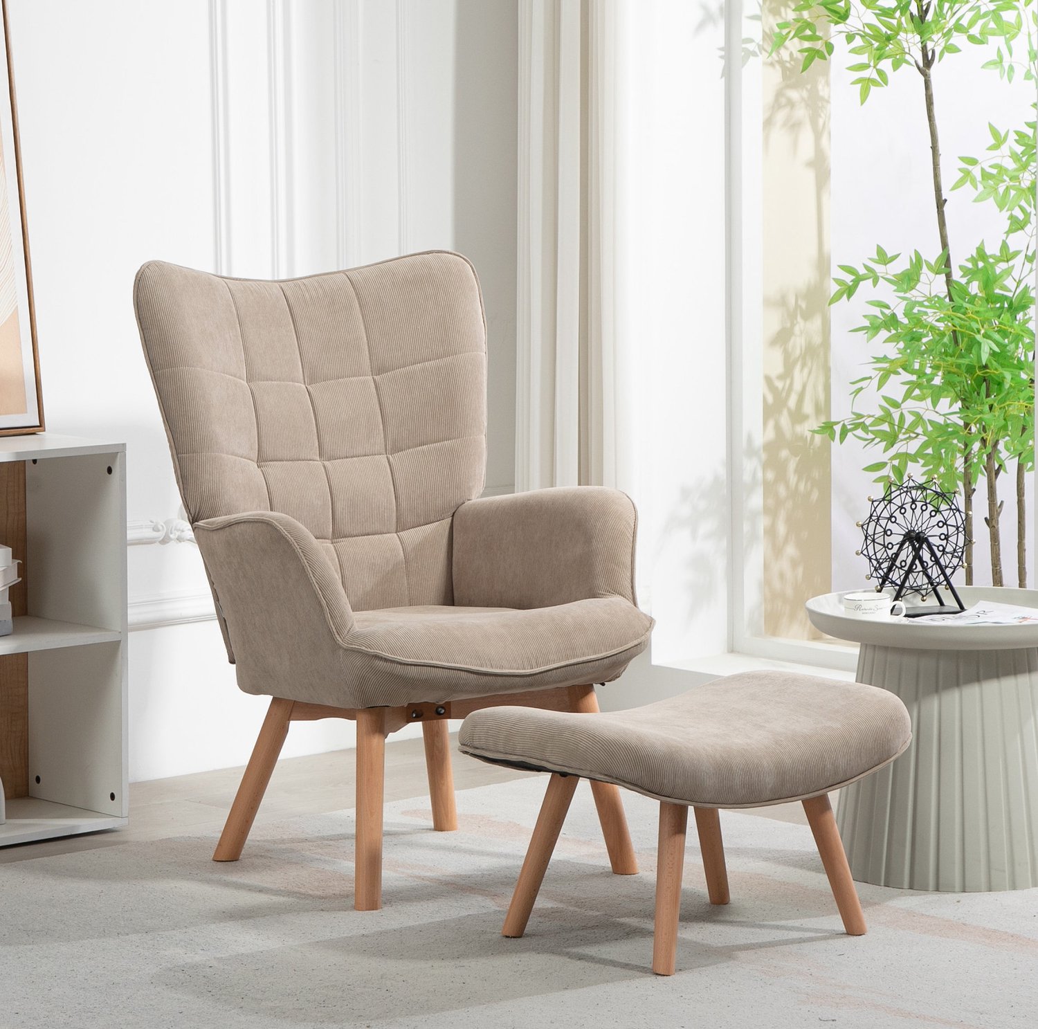CHICFURN Fauteuil met hocker - Voeten omhoog leggen - Houten poten - Khaki