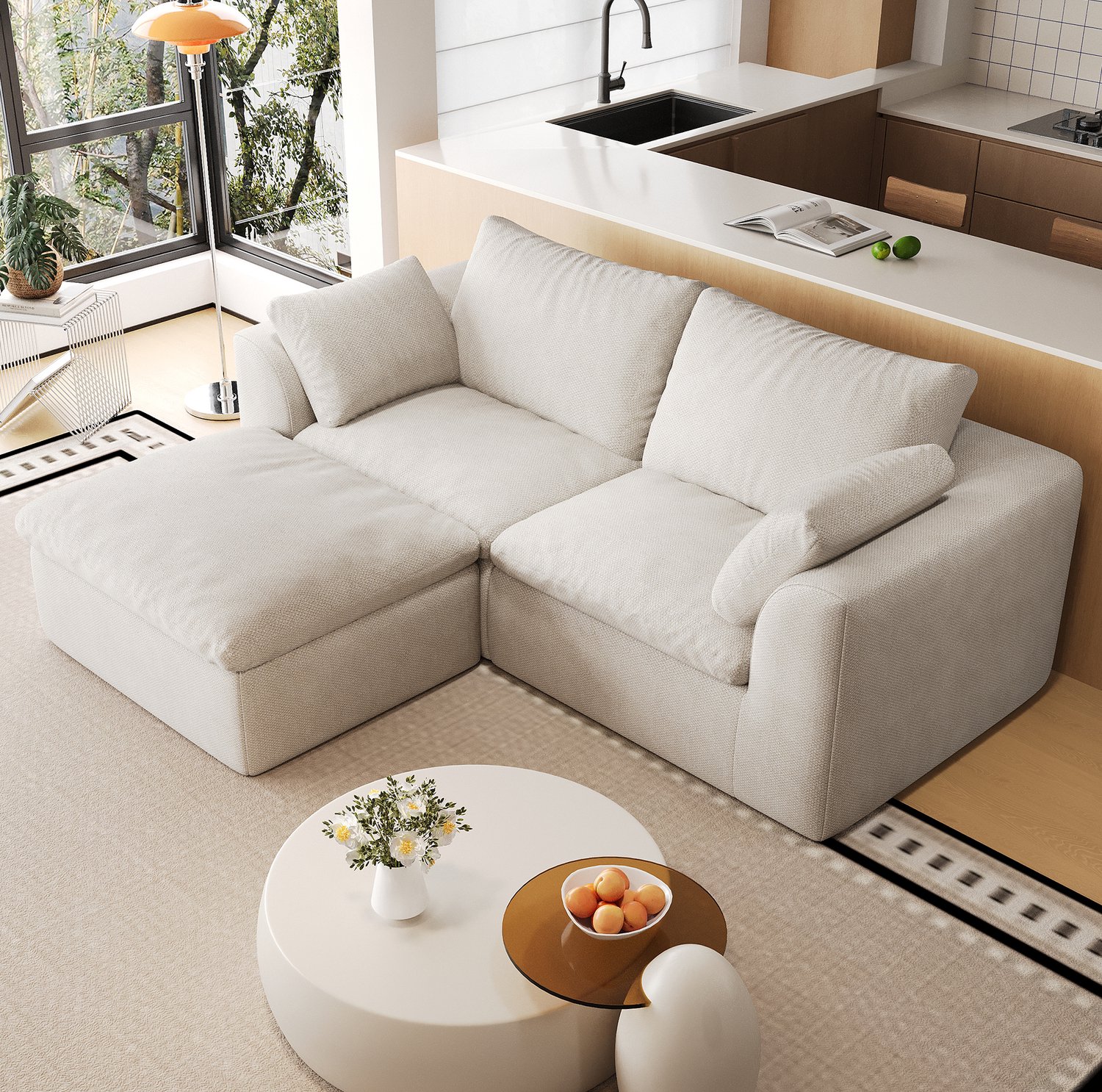 MIVRAY Hoekbank 180 x 155 x 83 cm - L-Vormige 3-Zitsbank met Zachte Schuimvulling - Voor de Woonkamer - Linnen - Beige Wit