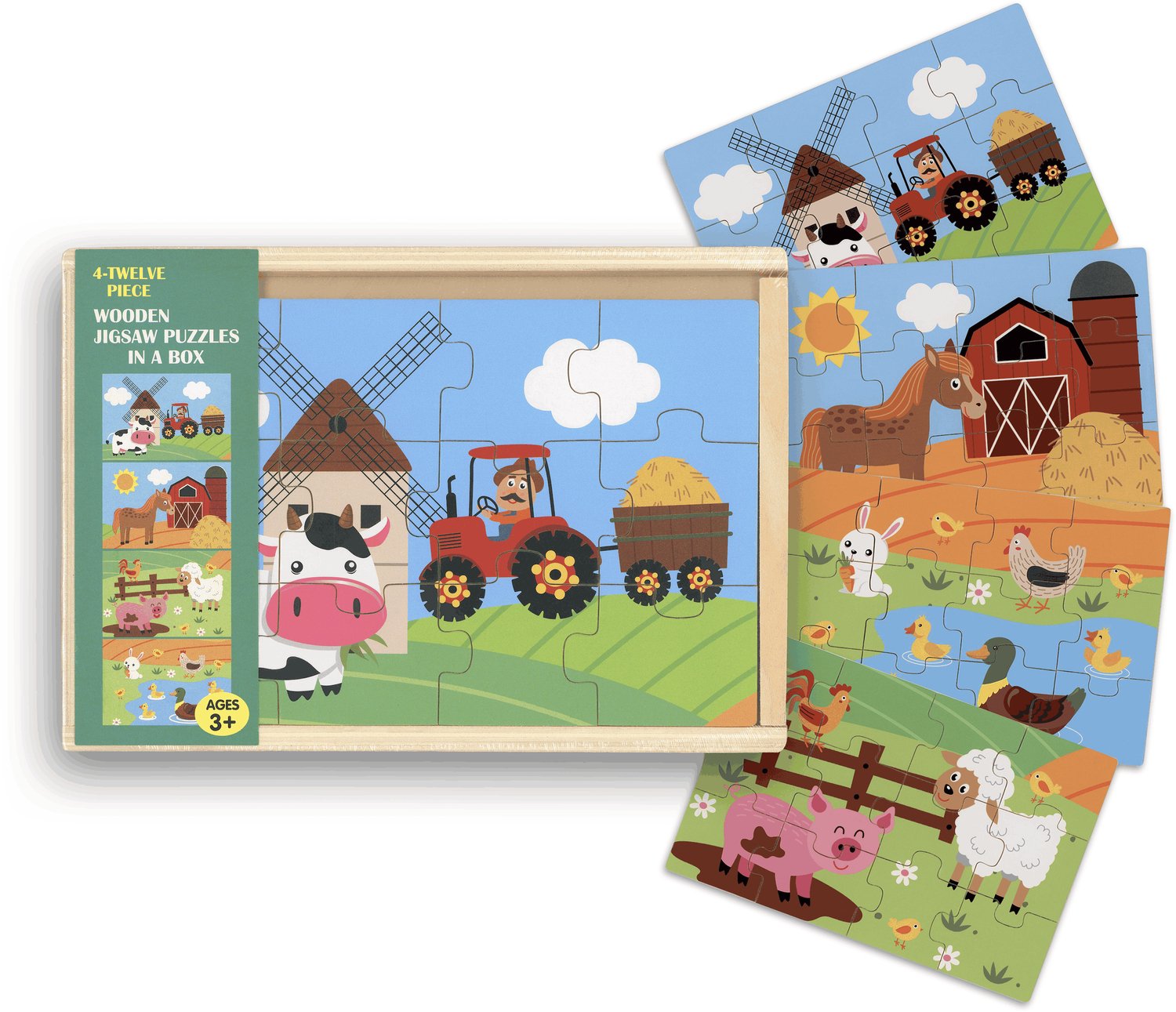 Houten Boerderij Puzzel Set – 4 Puzzels in Meeneem Doosje – Educatief Speelgoed 3+ – Houten Legpuzzels voor Kinderen - Koppelbare puzzels - Mini vloerpuzzel