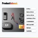 Inhoud van de verpakking: AutoXtreme apparaat, accuklemmen, luchtslang, adapters, kabels en opbergtas.