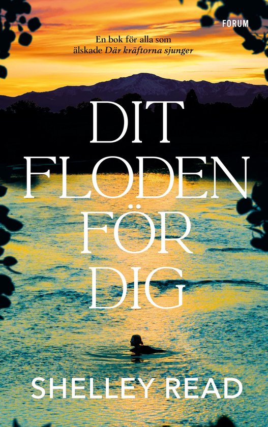 Boekomslag met een persoon die in een rivier zwemt bij zonsondergang tegen bergen, met de titel 'Dit floden för dig'.