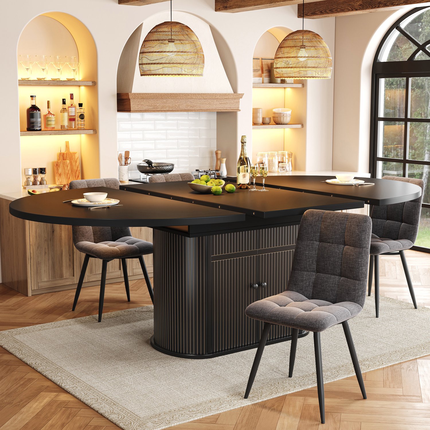 MODENUIT Eettafel - Uitschuifbaar Met Opbergruimte - Voor Eetkamer - MDF Zwart - 118-158 x 118 x 76,5 cm