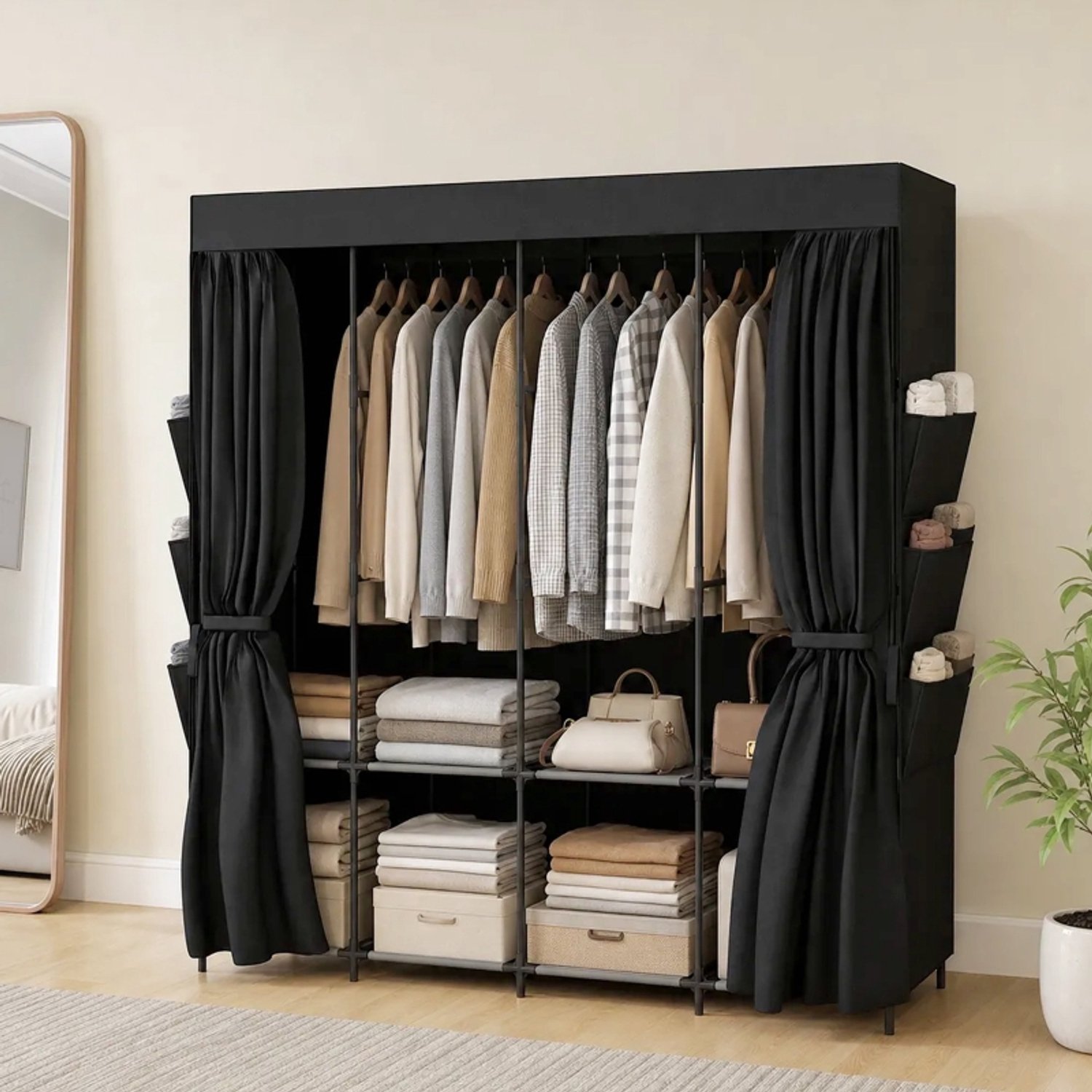 MODENUIT Kledingkast - 5 Kledingstangen en 4 Legplanken - Slaapkamer - Stof en Staal - 170 x 45 x 167 cm Zwart