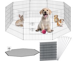 tectake® Puppyren met Veiligheidsnet - Ø 145 x 73 cm - 8 Rooster Elementen - Opvouwbaar en Uitbreidbaar Dierenverblijf - Kleine Dieren - Konijnen - Hondenhek - Hok - Voor Binnen en Buiten - Huisdieren verblijf met Dubbele Vergrendeling