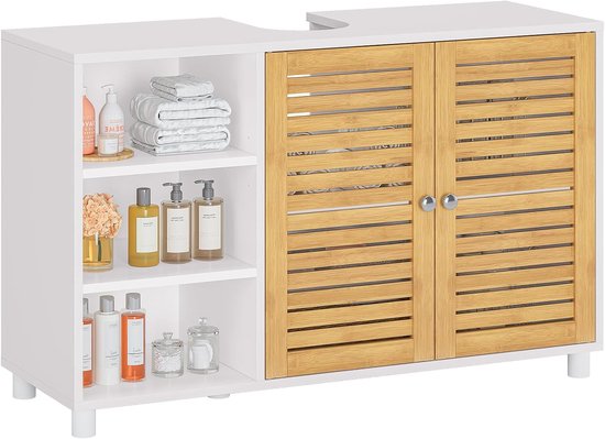Wastafelonderkast 90 x 30 x 60 cm – Badkamerkast met 2 Bamboe Lamellendeuren – 3 Open Vakken – Verstelbare Planken – Opbergkast met Sifonuitsparing
