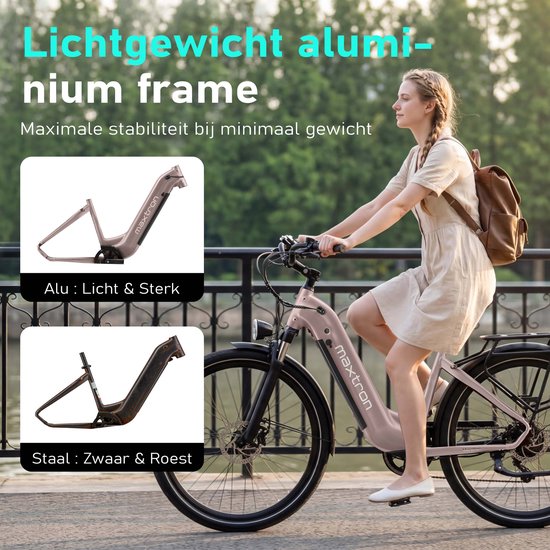 Maxtron Marathon Elektrische Fiets - Extra Lange Actieradius tot 160 km - Krachtige 810Wh Accu - 27.5 Inch Banden - Schijfremmen - Max. Belasting 120 kg - Geschikt voor 160–200 cm - Elektrische Stadsfiets - Goud — afbeelding 5