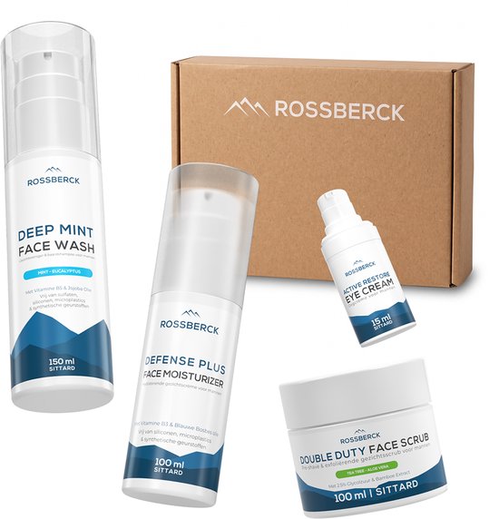 Rossberck Gezichtsverzorging Set - Geschenkset Mannen - 4 Delig - Dagcrème - Gezichtsreiniger - Oogcrème - Scrub