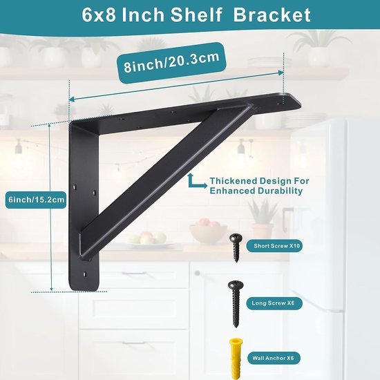 Set van 2 Stevige Ondersteuningsbeugels voor Werkbladen, Wandmontage 203 x 152mm, Zwart, Ideaal voor Keuken en Meubelprojecten — afbeelding 5