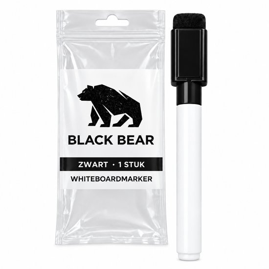 Black Bear zwarte whiteboardmarker in verpakking met logo van een zwarte beer.