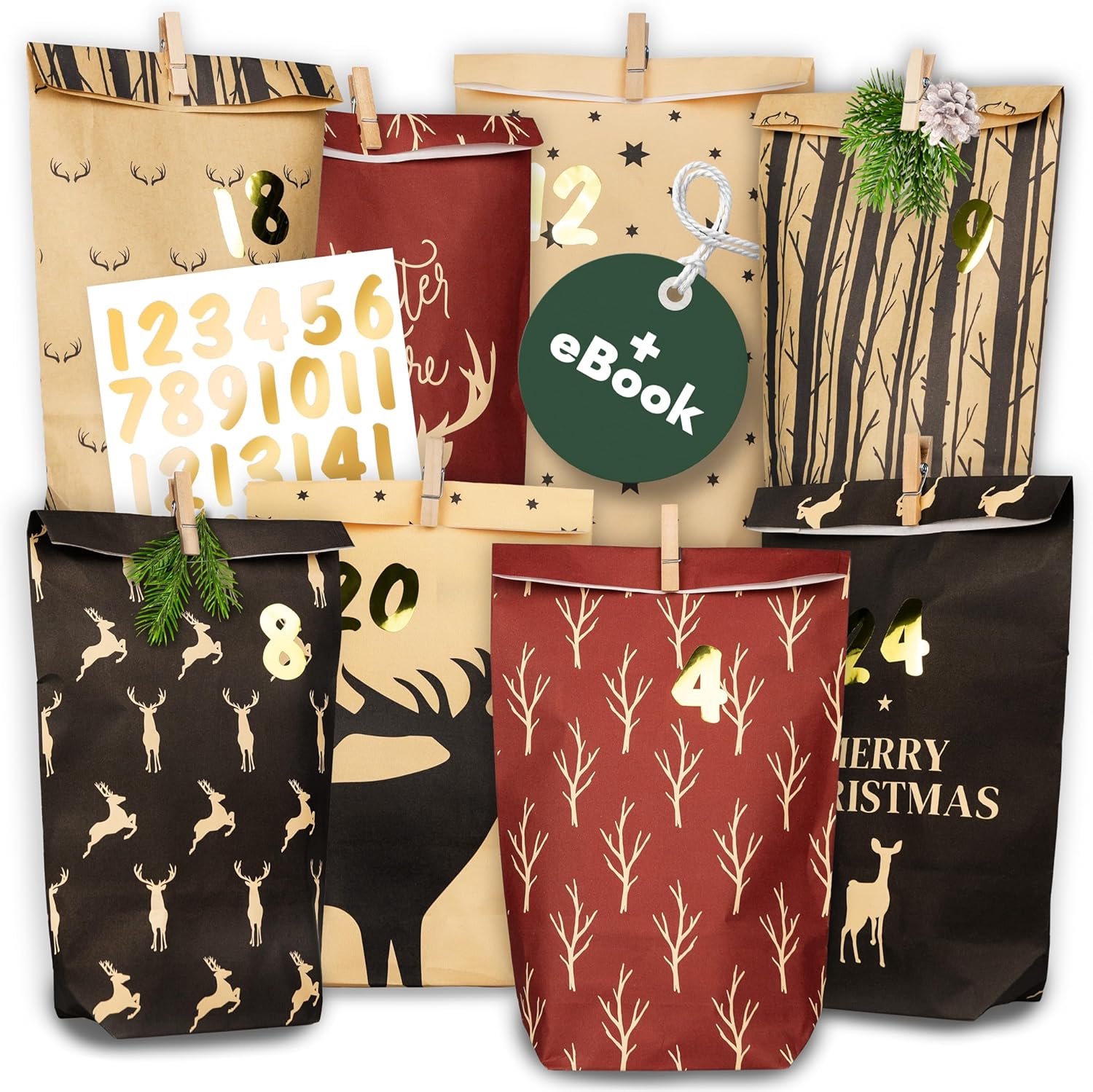 AMARI ® Advent Calendar to Fill No. 15 Deer - 24 Paper Advent Bags (with Wooden Pegs) for Crafts for Christmas - ShopVlot