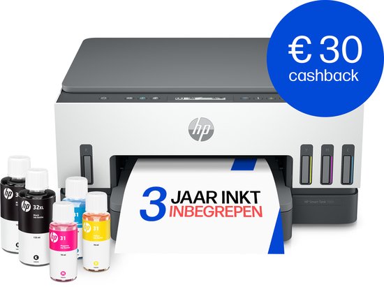 HP Smart Tank 7005 printer met inktflessen en een sticker met 3 jaar inkt inbegrepen en 30 euro cashback.