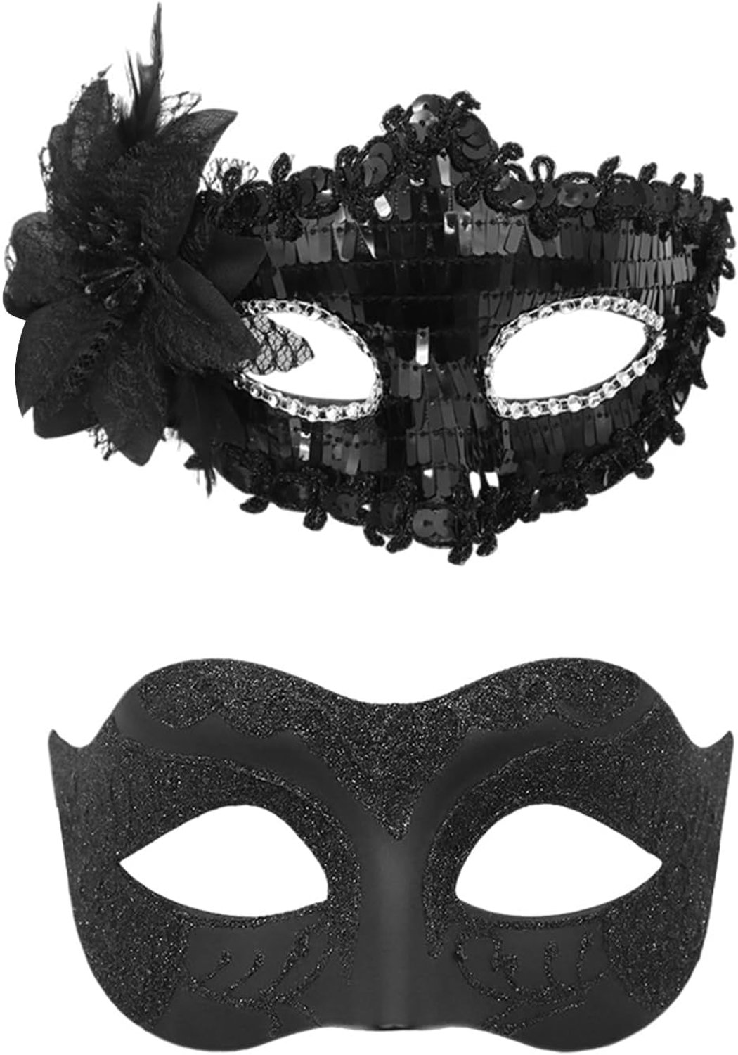 Dailygoods- Paillettenmasker - 2 Stuks - Geschikt voor Carnaval/Feest - Halfgelaatsmasker - Gering Gewicht - Elastische Verstelriem - Zwart - Feestmas