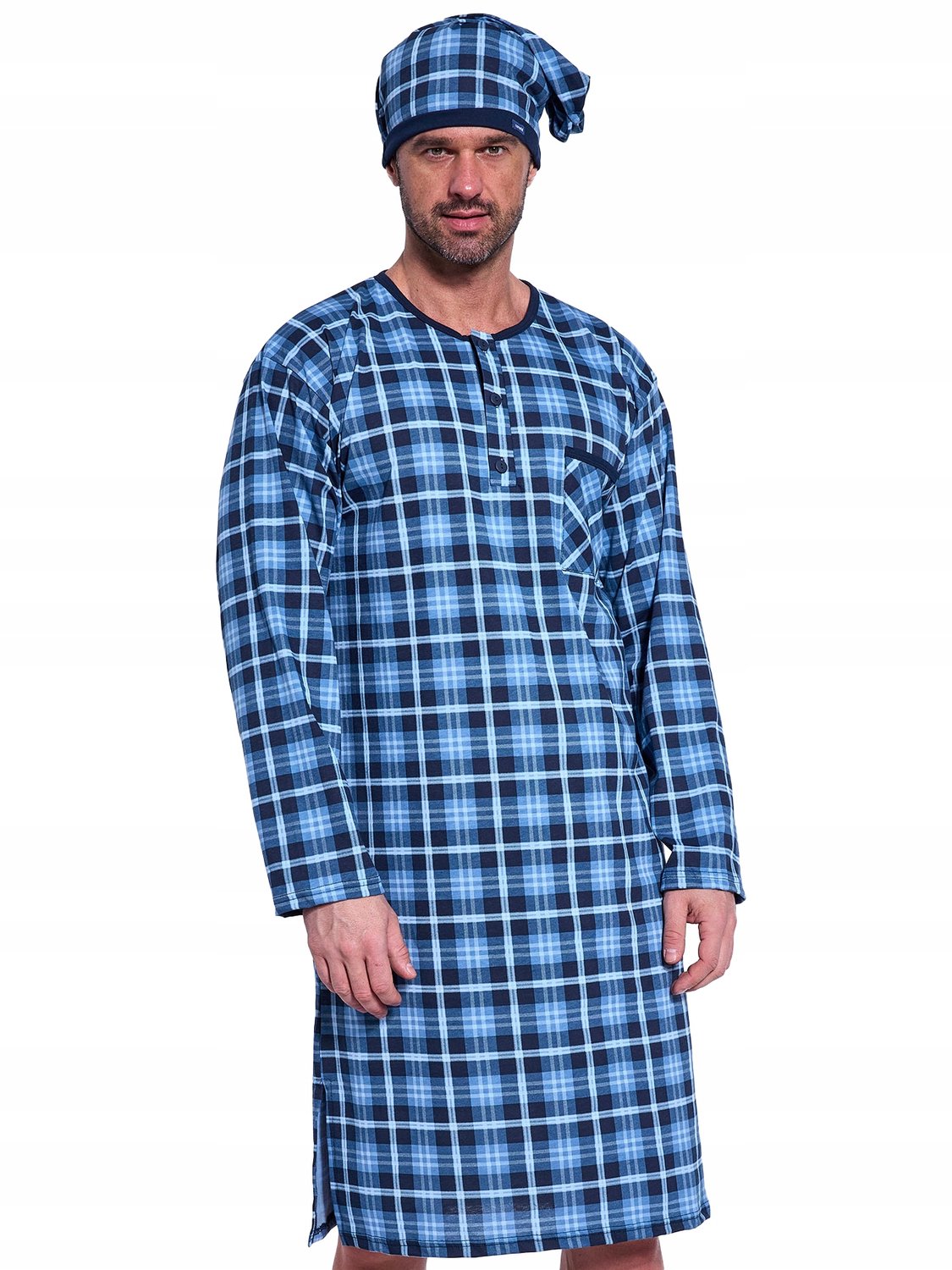 Cornette Heren Nachthemd XXL Katoen Geruit Blauw met Knopen