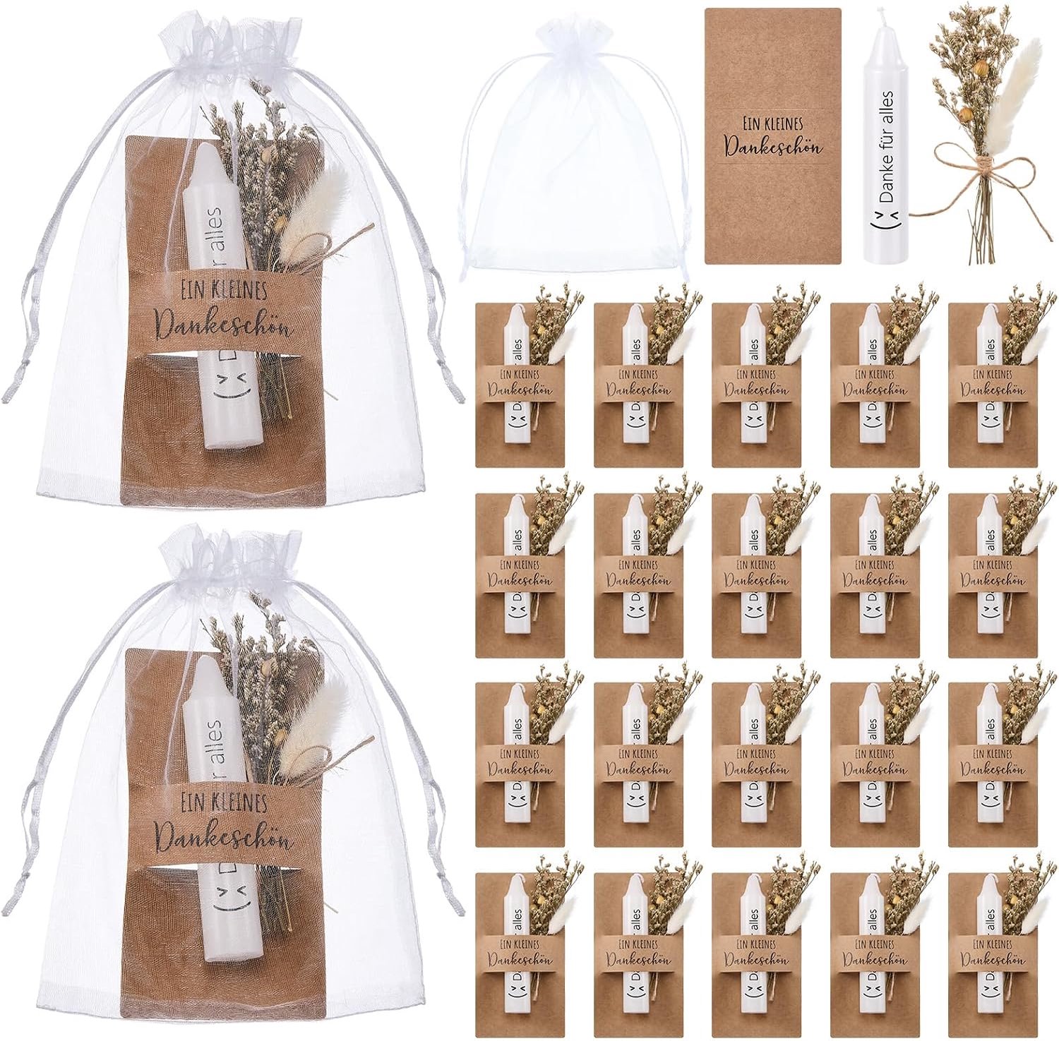 Tenare 20 Sets Cadeau Danke für Alles Kaarsen Gedroogde Bloemen Organzazakje Kaarthouder Bedankcadeau Voor Collega - ShopVlot