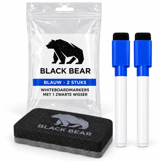 Set van twee blauwe BlackBear-whiteboardmarkers en één zwarte wisser in een transparante verpakking.