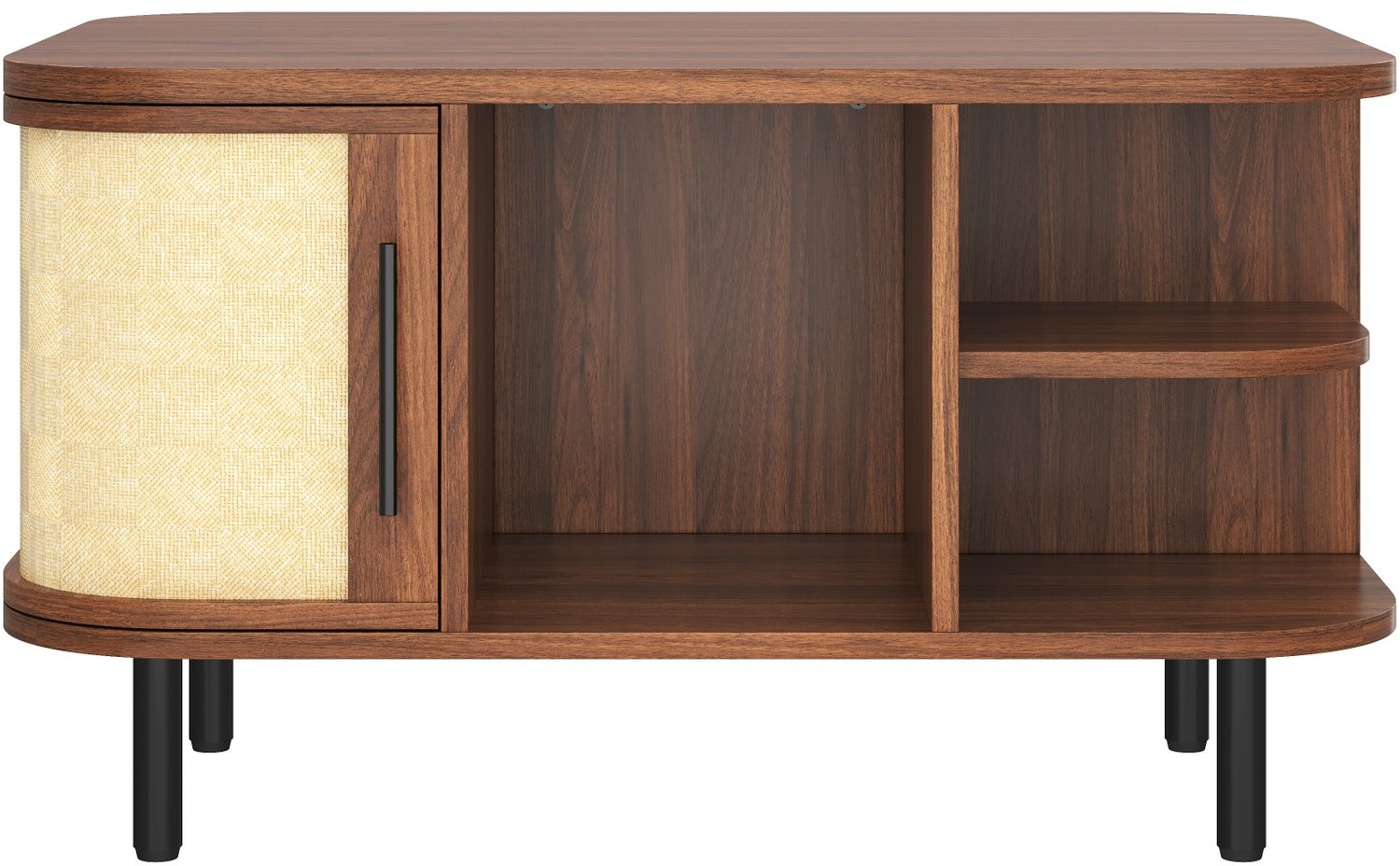 SONNENH Salontafel met afgeronde vorm, 2 kastdeuren en open vakken - Walnootlook MDF - 80 x 60 cm Walnootlook en naturel patroon