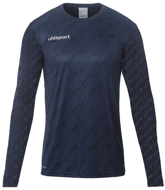 Donkerblauw Uhlsport keepersshirt met een subtiel grafisch patroon op de hele stof. Logo op de linkerborst.