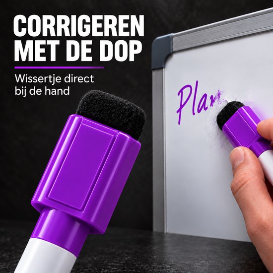 Hand houdt een paarse whiteboardmarker vast om tekst 'Plan' van een bord te wissen met de vilten dop. Tekst: Corrigeren met de dop.