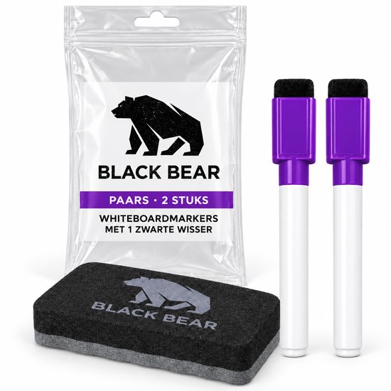Twee paarse whiteboardmarkers met magnetische wisser-dop en één zwarte BlackBear-wisser in verpakking.