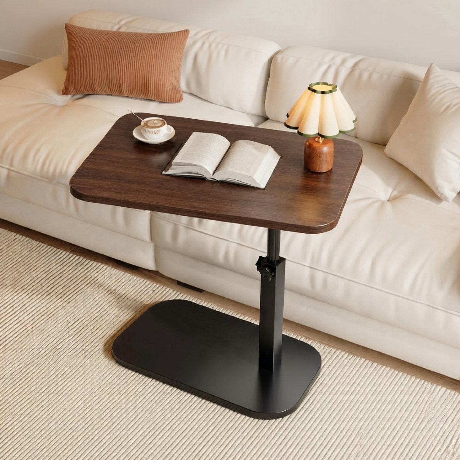 Verstelbaar Bijzettafeltje met Houten Blad en Zwart Stalen Frame - Hoogte Traploos 45-80 cm - Salontafel, Bedtafel, Laptoptafel