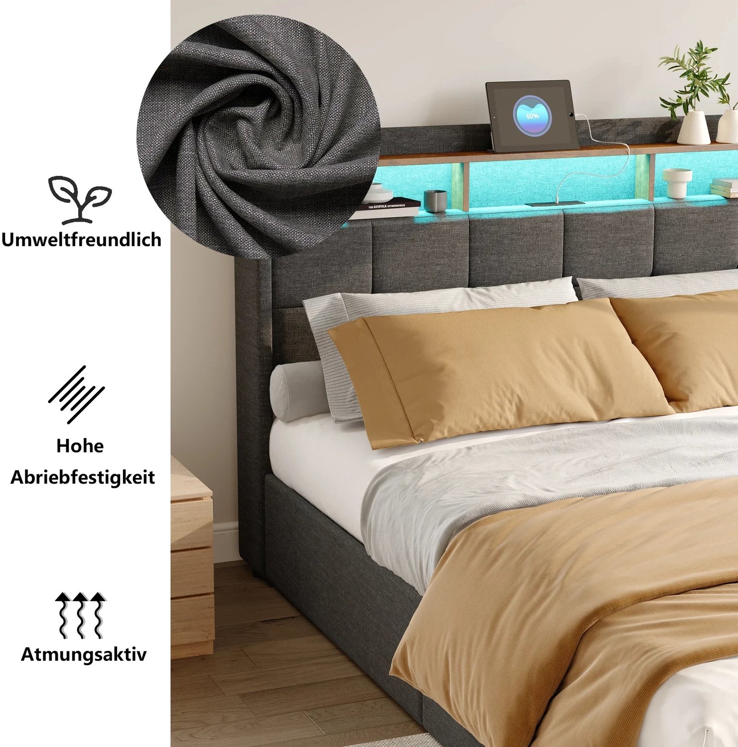 Niamora tweepersoonsbed - Dubbel bed - 2-persoonsbed - Double - 160x200cm - 4 Lades - bedframe met lattenbodem - 160x200cm - Grijs.