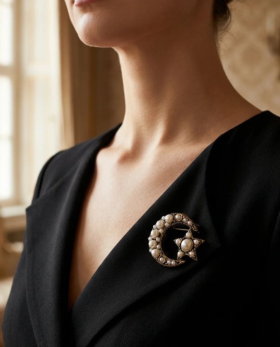 Model draagt een gouden maan- en sterbroche met parels op de revers van een zwarte blazer.
