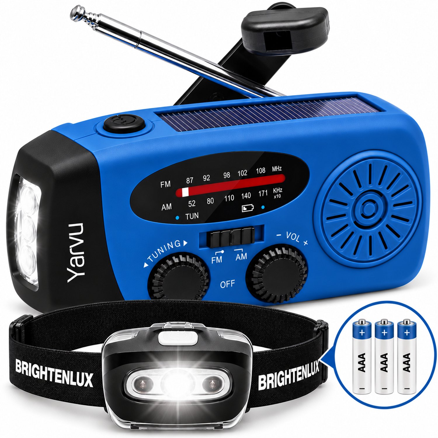 Yarvu ® Noodradio Solar Opwindbaar + LED Hoofdlamp op Batterijen - Noodpakket - 2000mAh - Powerbank - LED Zaklamp - Op Accu - Aanzwengelen - FM AM Radio - Zonne Energie - SOS Sirene - Blauw