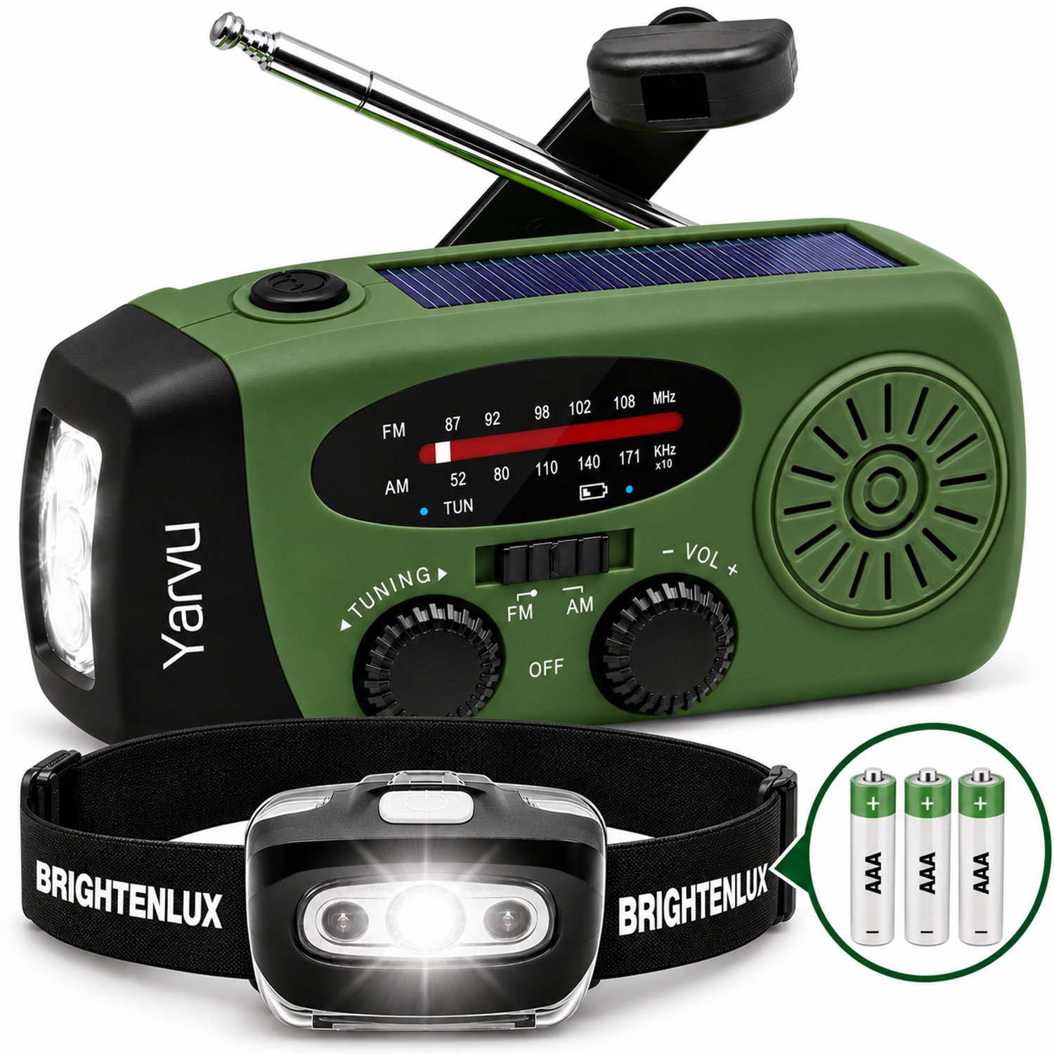 Yarvu ® Noodradio Solar Opwindbaar + LED Hoofdlamp op Batterijen - 2000mAh - Powerbank - LED Zaklamp - Op Accu - Aanzwengelen - FM AM Radio - Zonne Energie - SOS Sirene - Donker Groen