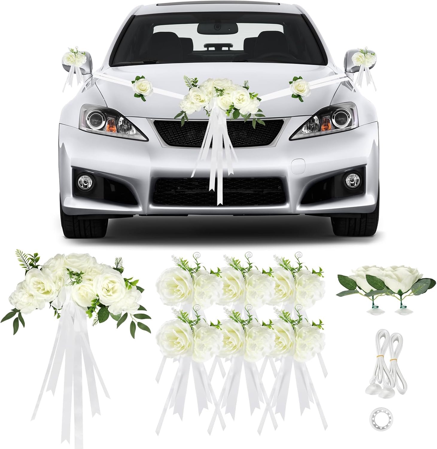 SnelShoppen - Bruiloft Auto Decoratie Set Wit PKW Ceremonie Set met 9 Rozen, Suction Cups, 2 x 4.4 m Ribbons en 1 Lijmtape voor Trouwerij en Feest