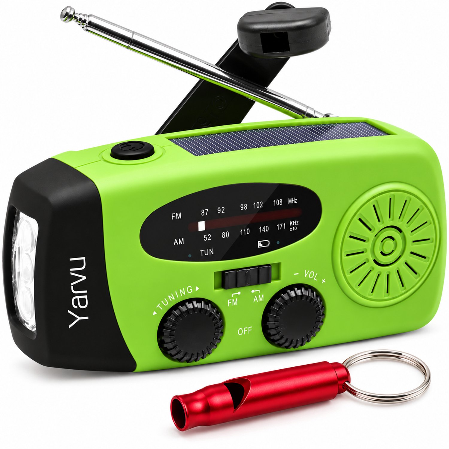 Yarvu ® Noodradio Solar Opwindbaar + Noodfluit - 2000mAh - Powerbank - LED Zaklamp - Op Accu - Aanzwengelen - FM AM Radio - Solar - Zonne Energie - SOS Sirene - Licht Groen