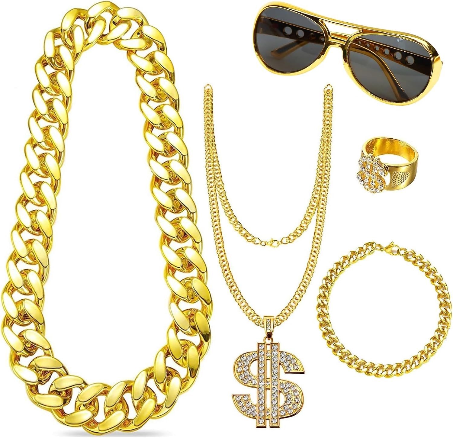 Hip Hop Kostuum Set voor Mannen met 80s en 90s Rapper Accessoires, 5-delige Gangster Outfit met Ketting, Dollar Hanger, Ringen, Armbanden en Zonnebril voor Feestjes en Carnaval