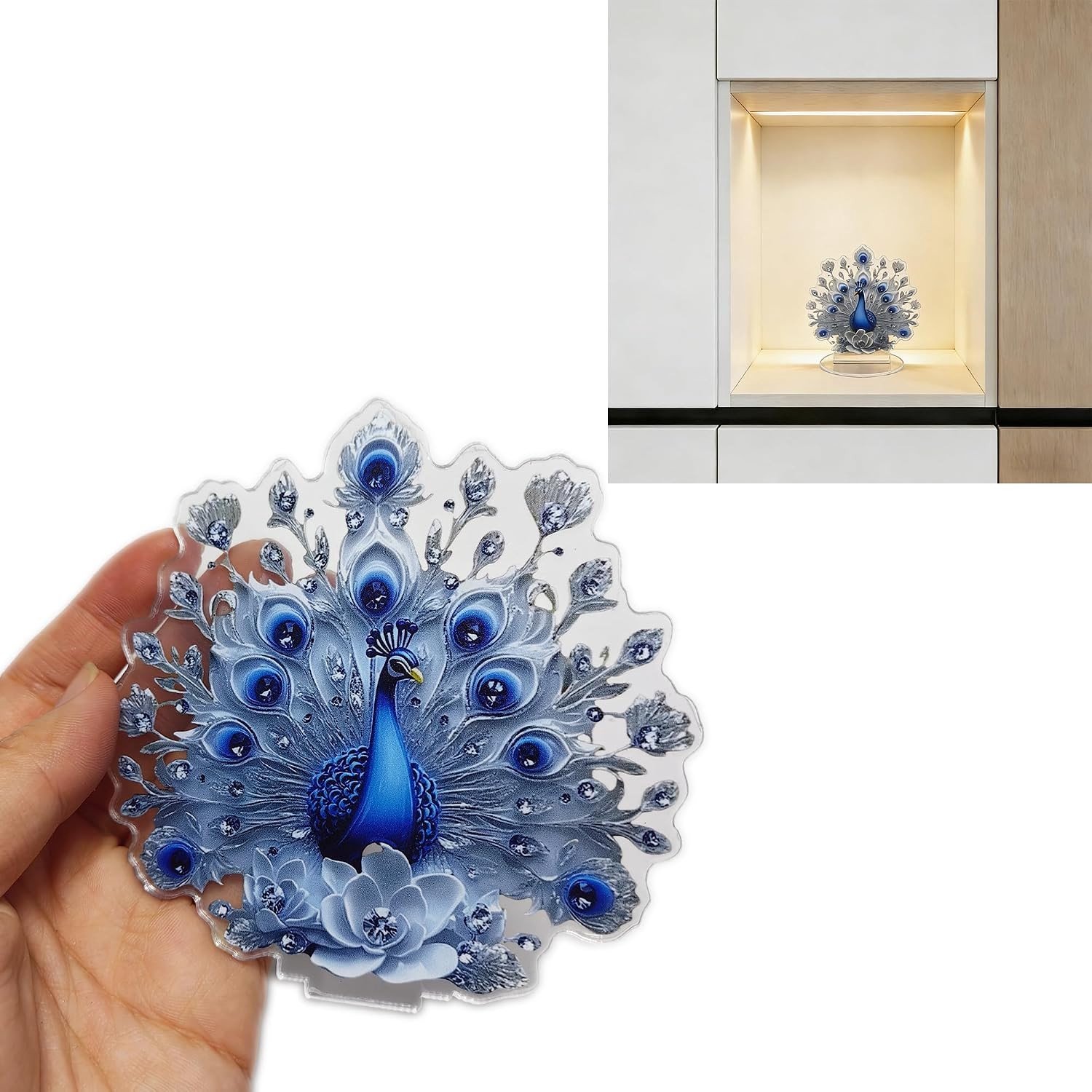 Artistieke pauwen tafeldecoratie voor bureau en werkkamer, blauw-wit decoratiestuk, uniek en stijlvol