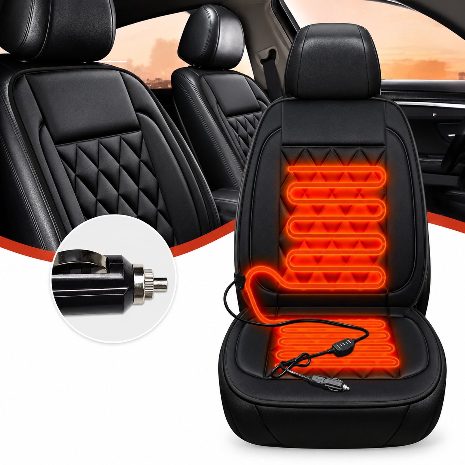 Deniva - Stoelverwarming Auto - Verwarmd Autostoelkussen - Warmtekussen - 12V - Universeel - Rug & Zitting - 2 Stuks - Zwart – foto 4
