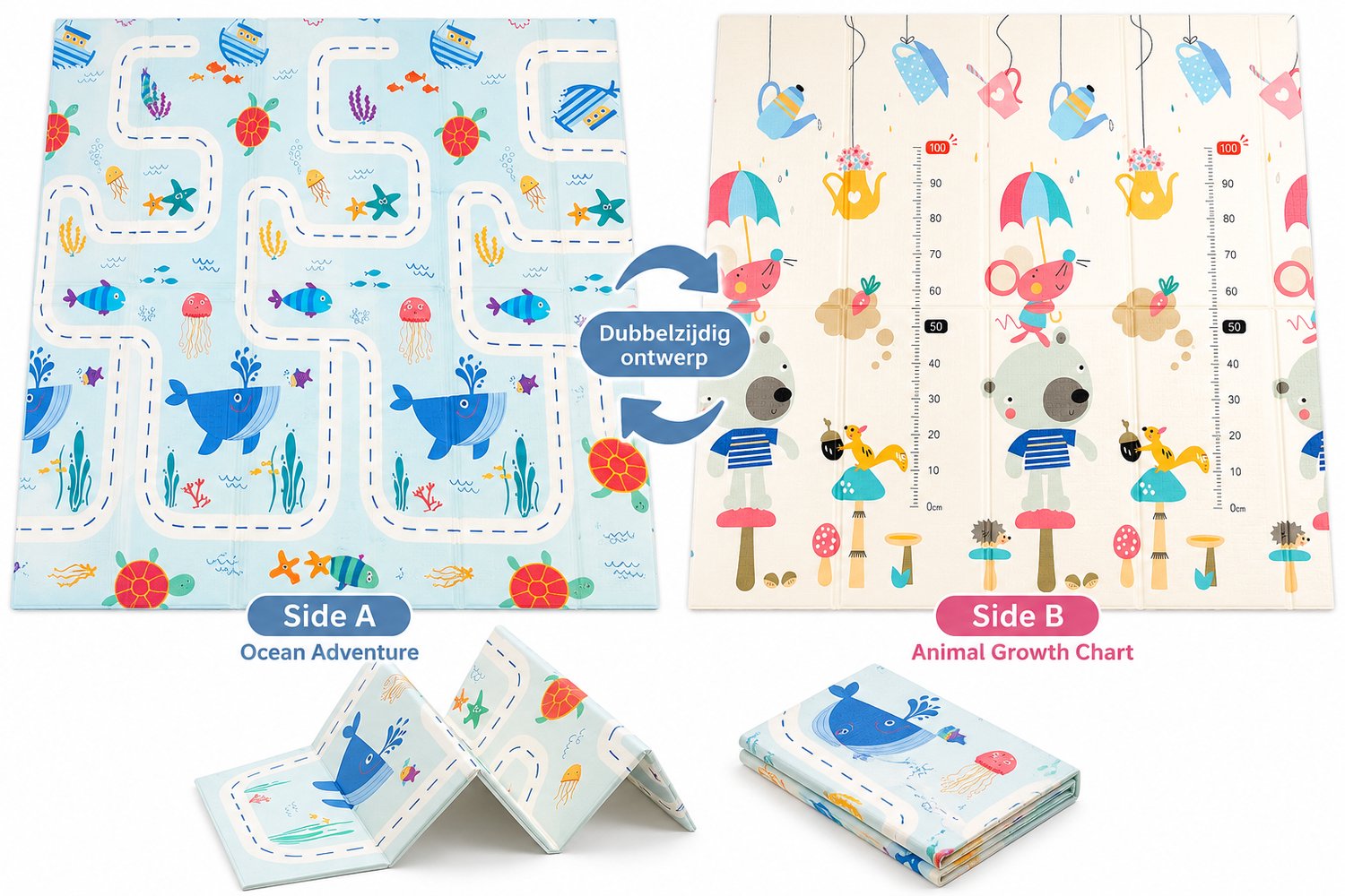 HMTM Opvouwbare Babyspeelmat 118 x 175 x 1 cm – Dubbelzijdige XPE Speelmat – Omkeerbaar – Waterdicht – Antislip – Zachte Kruipmat voor Baby’s en Peuters