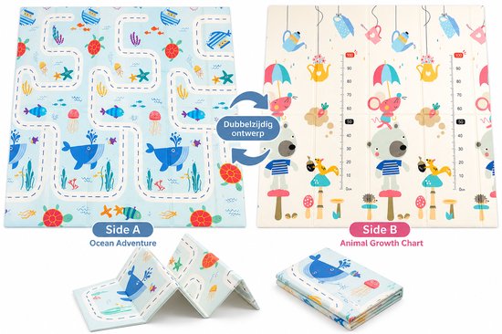 HMTM Opvouwbare Babyspeelmat 118 x 175 x 1 cm – Dubbelzijdige XPE Speelmat – Omkeerbaar – Waterdicht – Antislip – Zachte Kruipmat voor Baby’s en Peuters