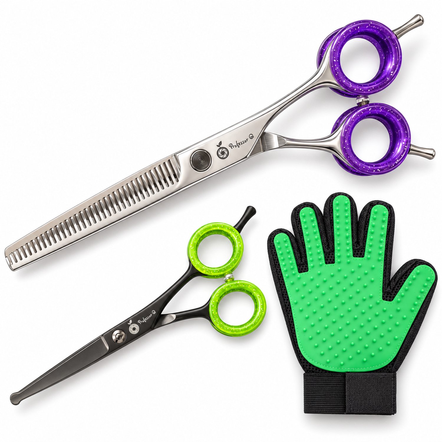 Professor Q Hondentrimset - Effileerschaar 18,5 cm Paars - Potenschaar Zwart/Groen en Vachthandschoen Groen - 3-delig