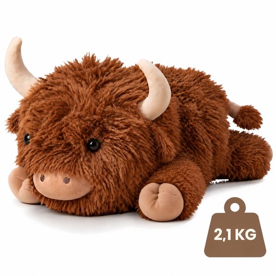 Bruine Olyza Hooglandkoe-verzwaringsknuffel met beige hoorns, donkere ogen en een gewicht van 2,1 kg.