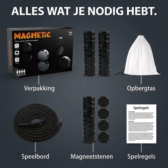 Overzicht van het magnetische spel: doos, stapels zwarte stenen, wit tasje, touw en spelregels.