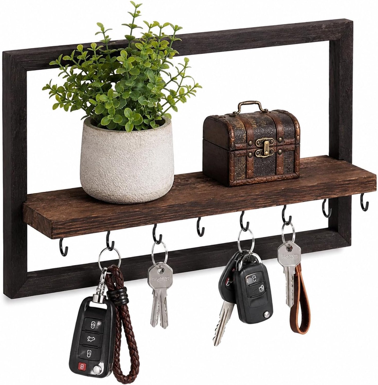 Sleutelrek met houten dienblad en 8 sleutelhaken, sleutelhouder, decoratief houten wandrek voor hal, decoratie - ShopVlot