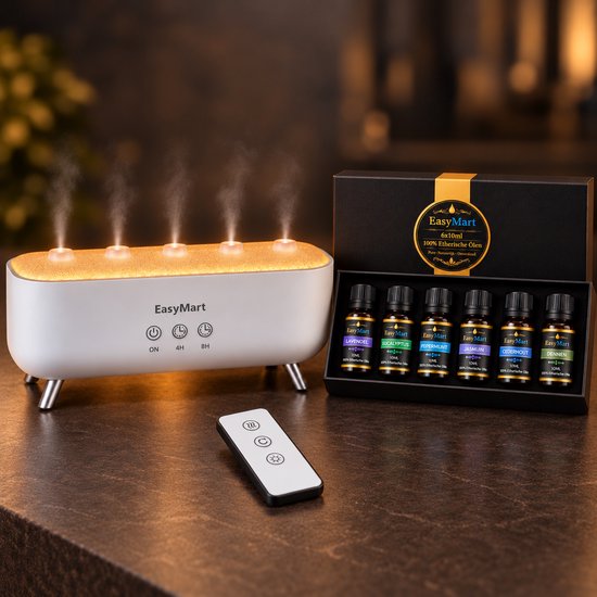 EasyMart aroma diffuser met verlichting, afstandsbediening en een doos met 6 etherische oliën.