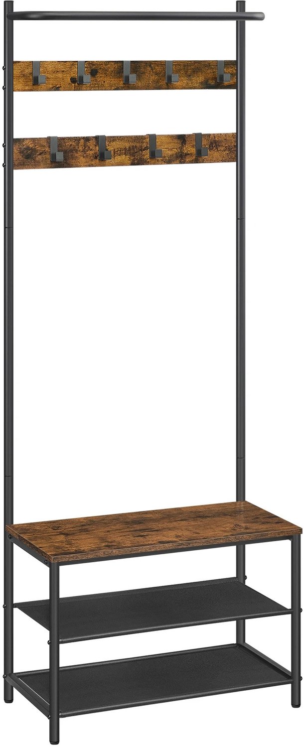 Tremeo - Kapstok met Schoenenrek en Zitbank – 3-in-1 Halmeubel – 9 Haken – 2 Schoenenplanken – Vintage Bruin - 64×32×180 cm