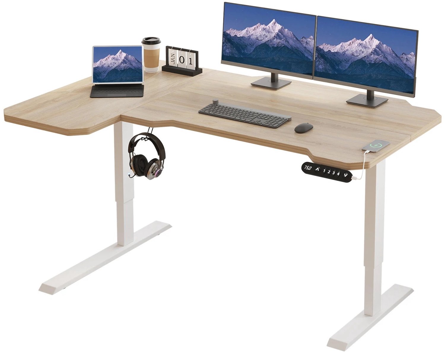Atlasyx bureau - Tafel - Hoekbureau - Bureautafel - Zit sta bureau - Elektrisch bureau - L-vorm - 150 x 101 x 114 cm - Beige