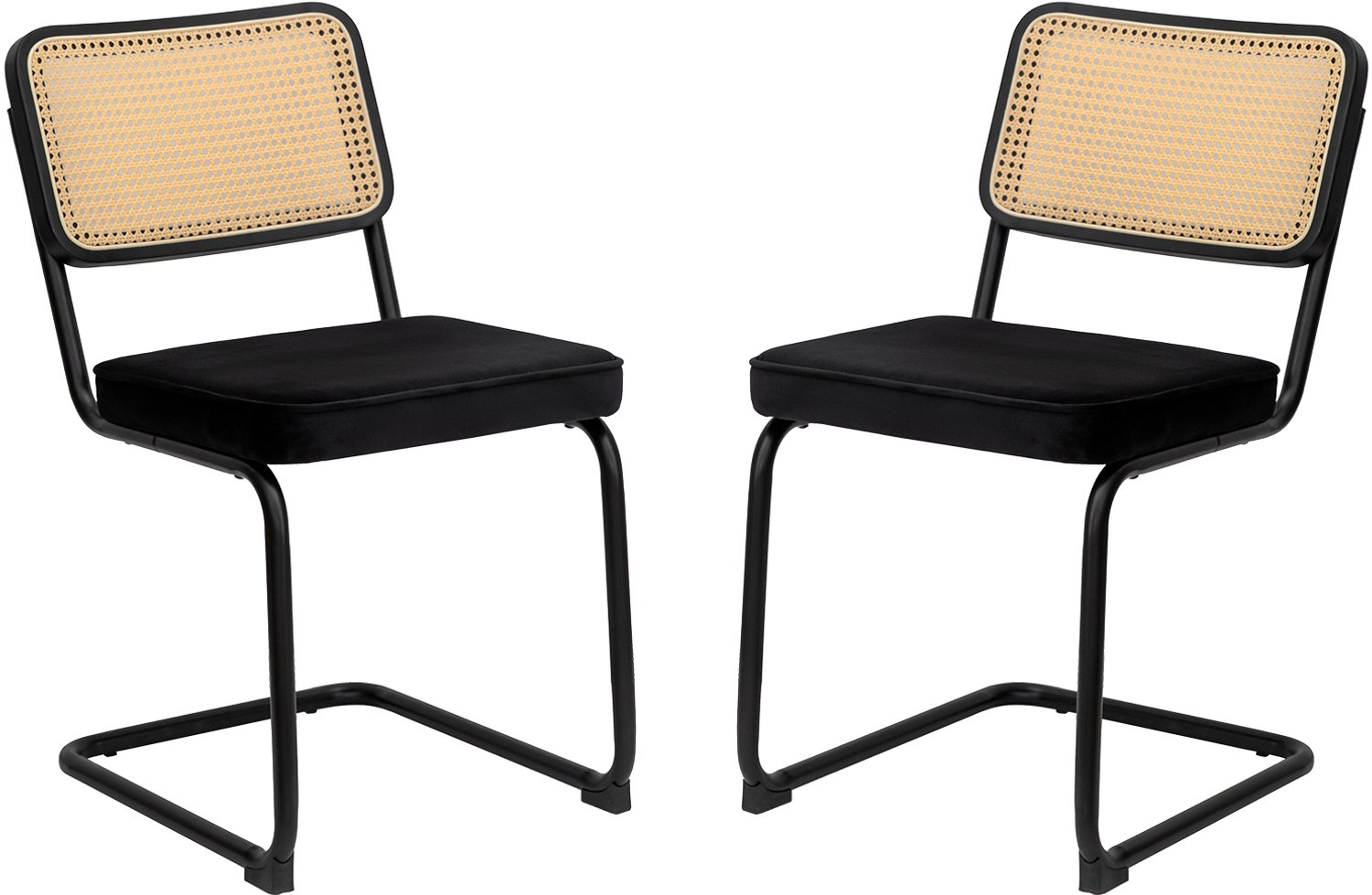 SONNENH Eetkamerstoelen set van 2 met rotan rug en fluwelen zitting - Zwart metalen sledeframe Zwart / Naturel rotan