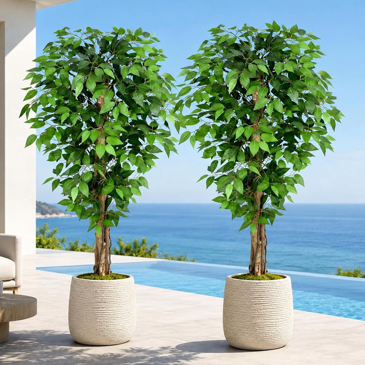 Ficus 1.5m Artificial Trees with Natural Curved Trunks, 152cm Tall Lush Fake Tree for Home Decor Indoor, Green - ShopVlot